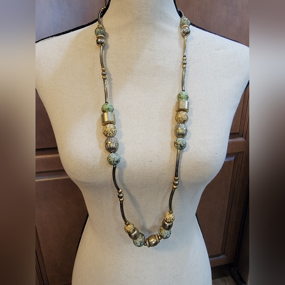 Long 36ā Boho Mixed Bead Necklace Turquoise Green Antiqued Metal Statement